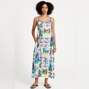 Colorful novelty print Vacation lightweight Sleeveless Maxi Dress with pockets